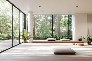 Modern Minimalist Living Room with Large Windows Overlooking Lush Greenery and Natural Light