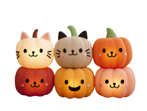 A row of stuffed animals with pumpkin faces