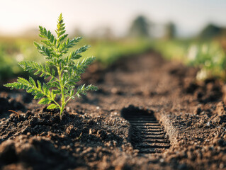 New plant sprouting beside a footprint on freshly tilled soil in the field