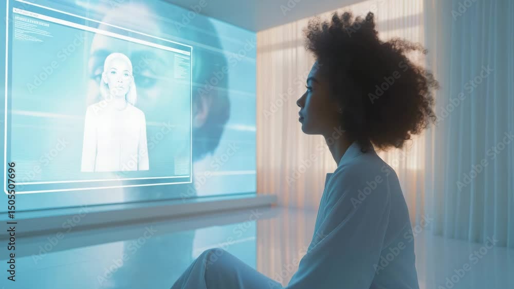 Poster exploration of ai technology through immersive visual projection in a modern, serene environment