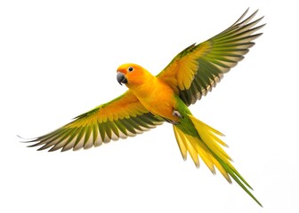 Parakeet bird aratinga solstitialis flying isolated on white background