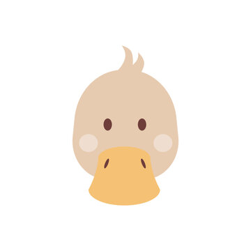 Funny muzzle of duckling isolated on a white. A head of cute domestic bird. Little duck. Vector kids illustration in a flat style.Nice cartoon character for kids.
