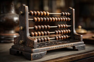Ornate antique wooden abacus with dark brown beads, resting on a dark wood surface, showing signs of age and wear