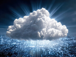 Digital cloud over technology landscape reflects advances in computing