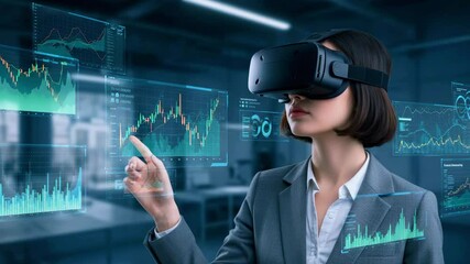 Businesswoman using virtual reality headset to analyze data in a modern office environment - Powered by Adobe