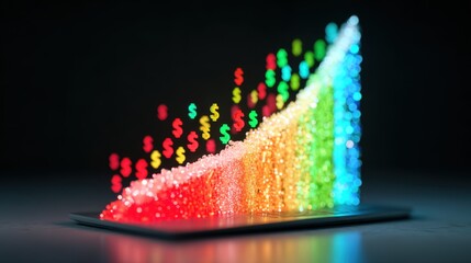 Colorful 3D Bar Chart with Dollar Signs on Tablet