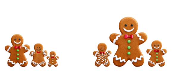 A row of gingerbread men are smiling and standing next to each other
