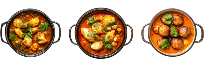 Three delicious stews in rustic pots  isolated on transparent background	