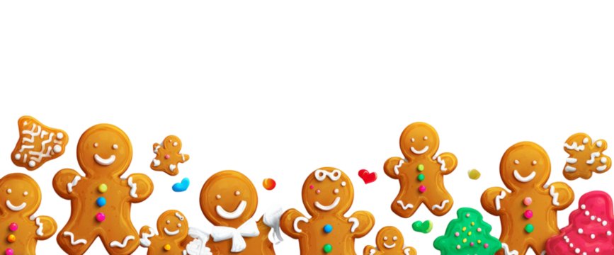 A row of gingerbread men are smiling and holding a bow