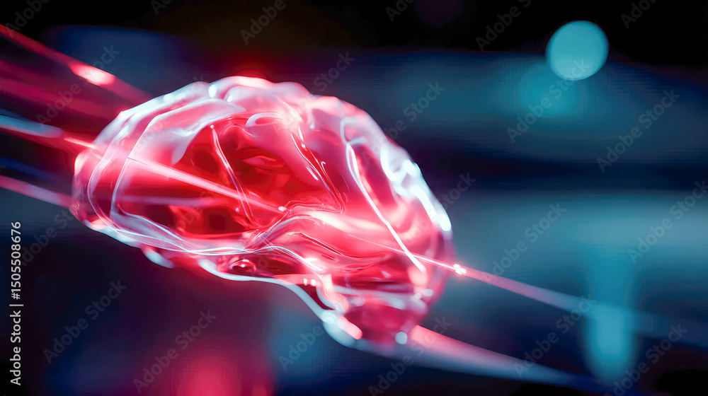 Poster glowing digital brain with neon highlights placed on a reflective dark surface, representing artific