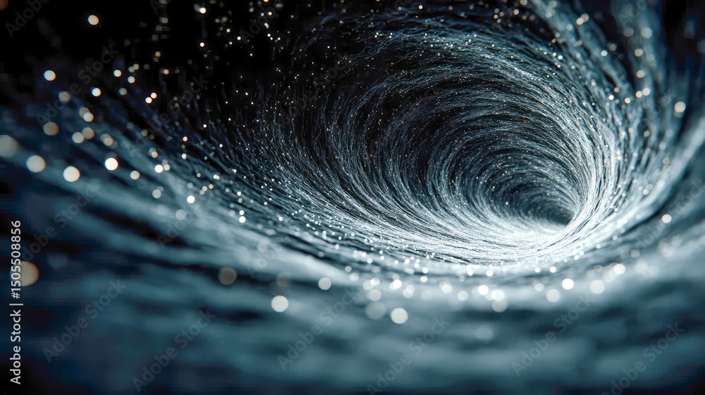 Poster abstract spiral tunnel of glowing particles in deep space, representing data flow or futuristic ener