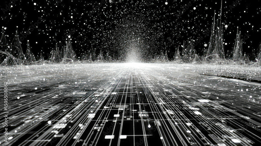 Poster abstract futuristic digital space filled with glowing white particles and grid lines on a black back