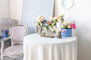 Interior room boudoir or french style. Bedroom interior for girls or women with armchair, table...