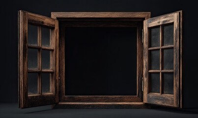 A dark brown wooden window, opened outward, revealing a black background;  panes are visible in the slightly aged wood