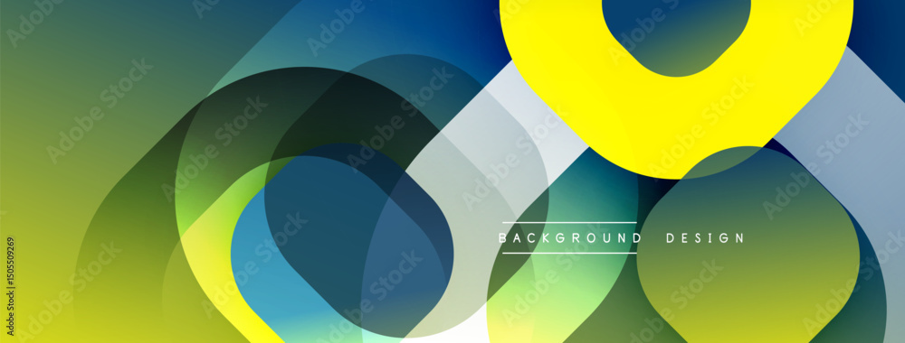 Poster abstract geometric shapes overlap, creating vibrant color gradients. yellows, greens, blues blend se