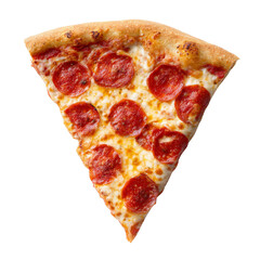 A slice of pepperoni pizza is shown on a white background