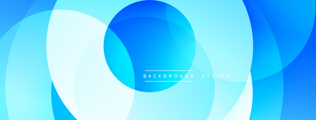 Abstract blue circles overlap creating dynamic gradient background. Modern design suggests fluidity, technology, innovation.