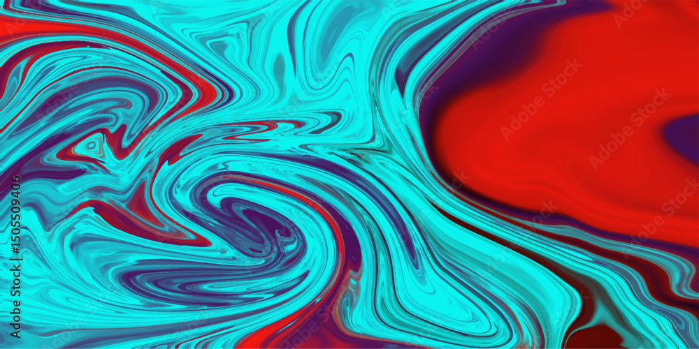 Poster abstract fluid art design with turquoise and red swirls creating dynamic liquid texture for modern v