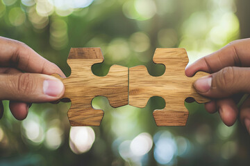 Two hands connecting wooden puzzle pieces teamwork collaboration nature background