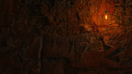 Dark Stone Wall with Edison lamp Lighting 3D Rendering
