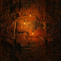 Dark Stone Wall with Edison lamp Lighting 3D Rendering
