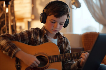 Generative AI Image of a Young Musician Playing Guitar in a Focused Mood