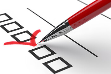 Red pen marking a checkbox on a survey
