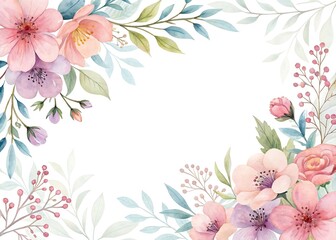 Watercolor Floral Frame with Delicate Pink and Purple Blossoms and Greenery