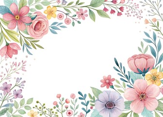 Watercolor floral frame with blooming flowers and foliage around a central space