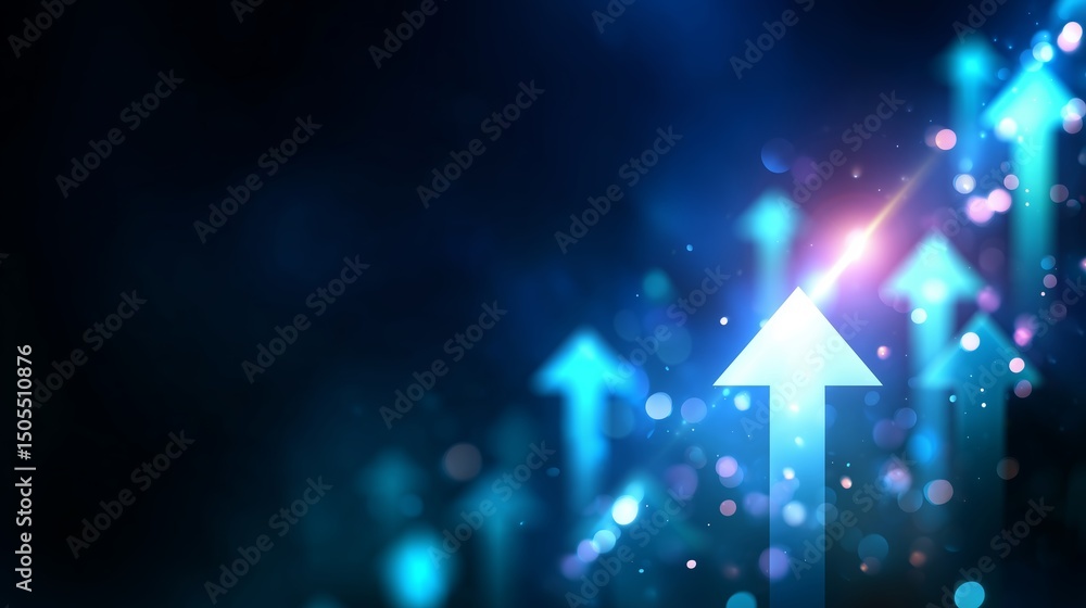 Poster dynamic arrows point upwards in a vibrant display of color and light representing growth and progres