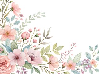 Watercolor floral arrangement with delicate pink blossoms and soft green foliage