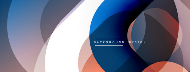 Abstract circles overlap, creating dynamic gradients. Colors include blue, gray, white, coral. Modern design element for backgrounds.