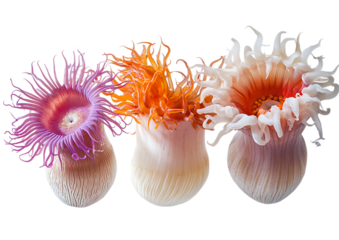 Three colorful sea anemones in close up  isolated on transparent background	