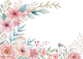 Elegant Watercolor Floral Frame with Soft Pink Flowers and Green Leaves Arrangement