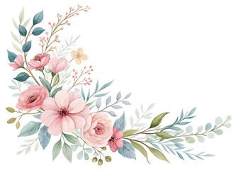 Watercolor floral arrangement with pink flowers, green leaves, and berry accents corner frame