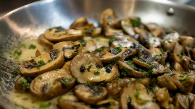 Saut&eacute;ed mushrooms with parsley cooking in stainless steel pan, close up of simmered agaricus bisporus fungi