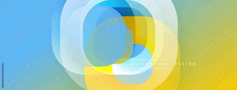 Fototapete Abstract colorful background. Overlapping rounded shapes create dynamic visual effect. Gradient transitions blend blue, yellow, green hues.