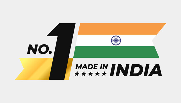 Number 1 made in India sign badge vector design. Label with Indian flag and stars symbol in the form of a gold ribbon