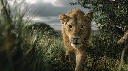 Obraz premium Majestic lion in the wild savanna