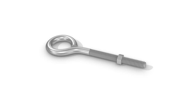 Eye Bolt on a White Floor. Stainless Steel Eye Bolt Fastener 3D Animation. 4K