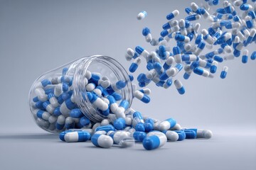 Spilled capsules; blue and white pills cascading from a transparent jar onto a light grey surface