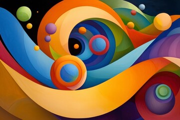 Abstract Swirling Cosmic Artwork with Vibrant Circles and Flowing Shapes