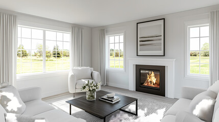 Cozy Scandinavian Living Room with Fireplace, Warm Textures, and Natural Light

