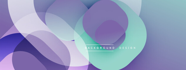 Abstract shapes overlap, creating soft gradients. Colors include lavender, teal, white, purple. Minimalist design with text element.