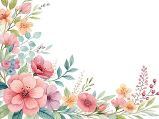 Watercolor floral corner arrangement in pink peach and green with blank space