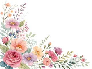 Watercolor floral corner arrangement with roses and delicate blossom flowers