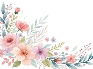 Watercolor Floral Arrangement with Pink and Purple Flowers, Leaves, and Berries
