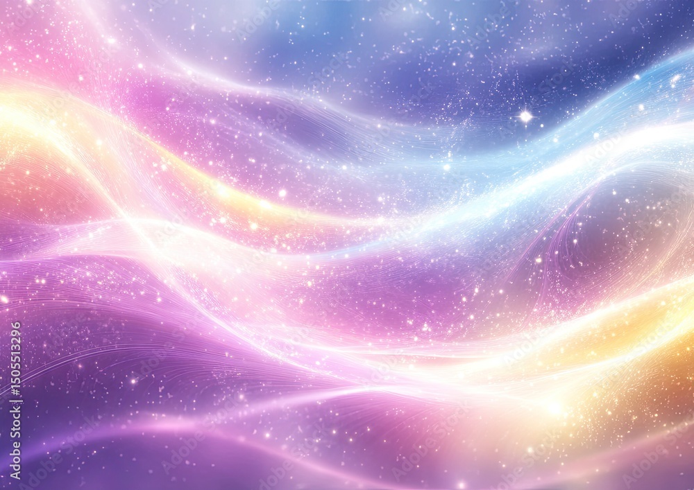 Poster abstract design with vibrant color gradients and shimmering particles.