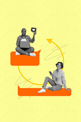 Image vertical 3d collage poster of happy girl guy sit receive message communication icon dialogue...