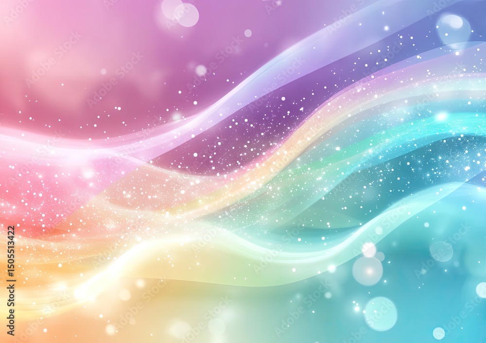 Poster a vibrant, colourful abstract design with flowing lines and glittering particles.